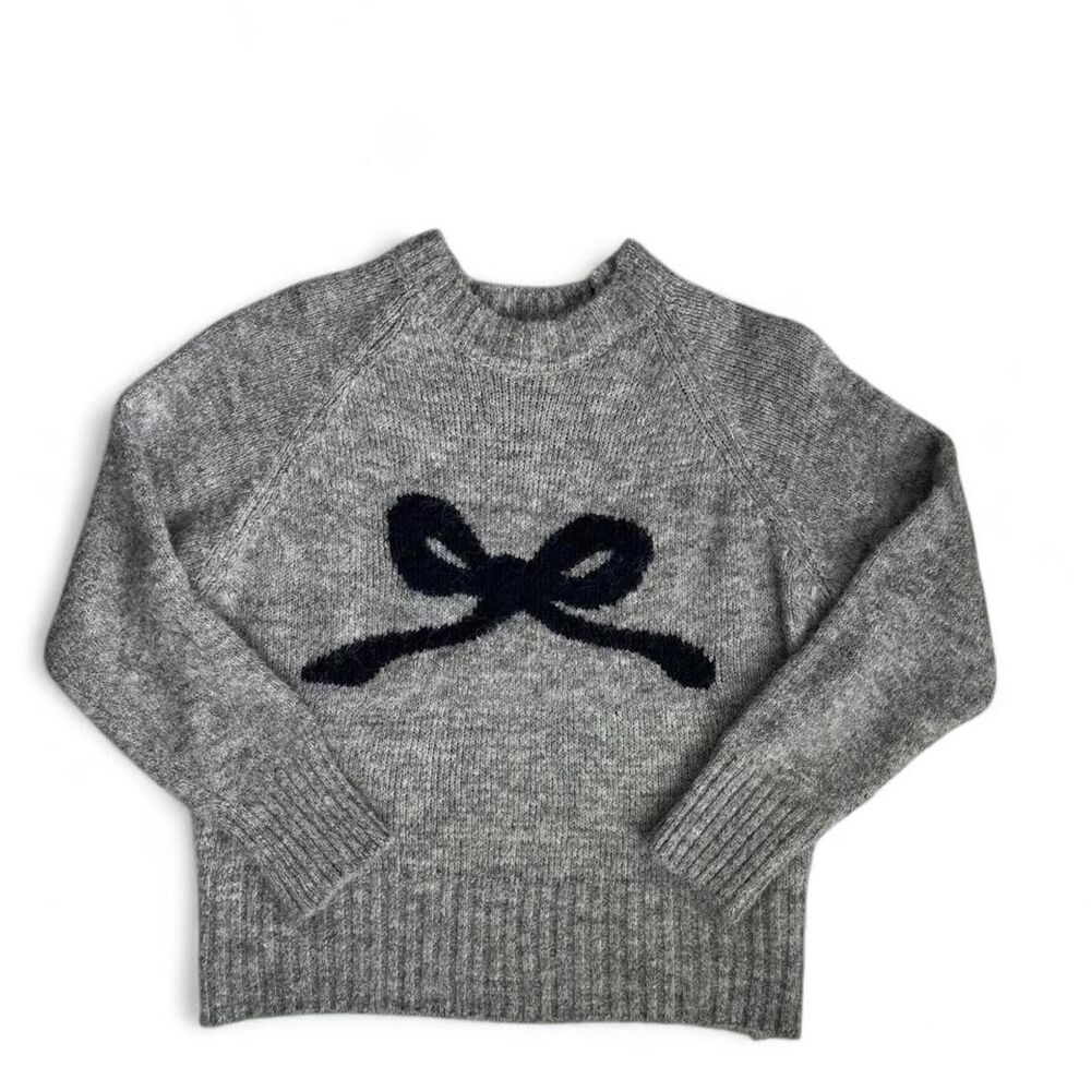 Gray Navy Bow Sweater Soft Knit Small